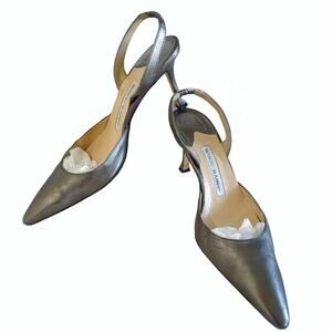 MANOLO BLAHNIK Sling Back High Heels EU Size 40 Gray Leather Metallic US Size 9